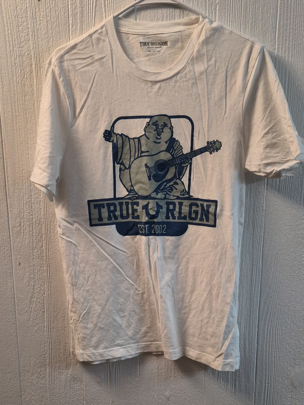 True Religion White T-Shirt with Navy Graphic Buddha and Guitar